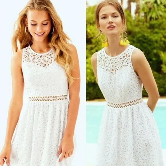 Lilly Pulitzer Alivia Dress Sz 10 Resort White Sea Spray Eyelet Coastal Preppy - Picture 2 of 9